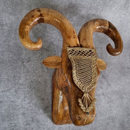 Handcrafted Mango Wood Ram Head Wall Decor with Brass
